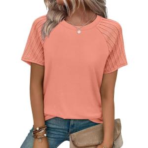 image:imageWIHOLL Summer Tops for Women 2026 Trendy Short Sleeve Shirts Crew Neck Tops Curved Hem Fashion ClothingCoral