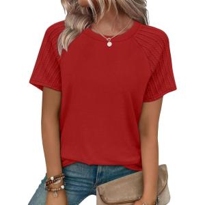 image:imageWIHOLL Summer Tops for Women 2026 Trendy Short Sleeve Shirts Crew Neck Tops Curved Hem Fashion ClothingRed