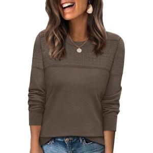 image:imageWIHOLL Sweaters for Women Crewneck Crochet Tops Long Sleeve 2025 Fall Winter Outfits Fashion ClothingCoffee