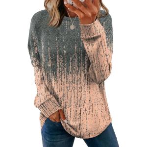 image:imageWIHOLL Sweatshirt for Women Crewneck Long Sleeve Shirts Curved Hem Lightweight Sweaters Fall Clothes 2025Pattern Brown