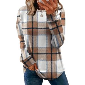 image:imageWIHOLL Sweatshirt for Women Crewneck Long Sleeve Shirts Curved Hem Lightweight Sweaters Fall Clothes 2025Plaid Caramel