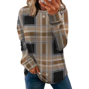 image:imageWIHOLL Sweatshirt for Women Crewneck Long Sleeve Shirts Curved Hem Lightweight Sweaters Fall Clothes 2025Plaid Coffee