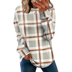 image:imageWIHOLL Sweatshirt for Women Crewneck Long Sleeve Shirts Curved Hem Lightweight Sweaters Fall Clothes 2025Plaid Khaki