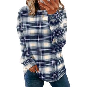 image:imageWIHOLL Sweatshirt for Women Crewneck Long Sleeve Shirts Curved Hem Lightweight Sweaters Fall Clothes 2025Plaid Navy
