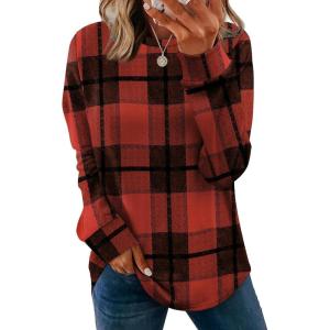 image:imageWIHOLL Sweatshirt for Women Crewneck Long Sleeve Shirts Curved Hem Lightweight Sweaters Fall Clothes 2025Plaid Red