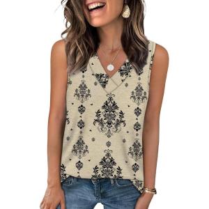 image:imageWIHOLL Tank Top for Women Summer Outfits V Neck T Shirts Trendy Eyelet Sleeveless Basic Beach Vacation ClothesBeige Ethnic Floral