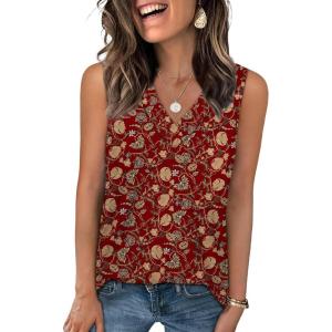 image:imageWIHOLL Tank Top for Women Summer Outfits V Neck T Shirts Trendy Eyelet Sleeveless Basic Beach Vacation ClothesRed Ethnic Floral