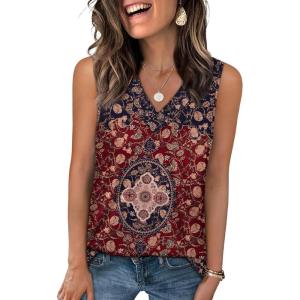 image:imageWIHOLL Tank Tops for Women Summer V Neck T Shirts Trendy Sleeveless Basic Tees Fashion Clothing5crimson Ethnic