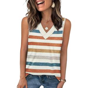 image:imageWIHOLL Tank Tops for Women Summer V Neck T Shirts Trendy Sleeveless Basic Tees Fashion Clothing5rainbow Striped