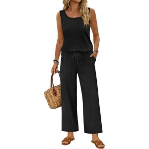 image:imageWIHOLL Two Piece Sets for Women Summer Spring Outfits Tank Square Neck Sleeveless Travel Vacation Lounge Wide Leg Pants SetBlack