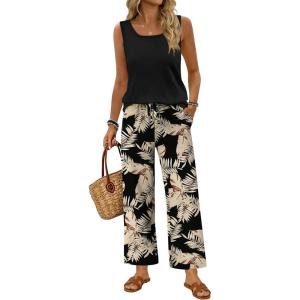 image:imageWIHOLL Two Piece Sets for Women Summer Spring Outfits Tank Square Neck Sleeveless Travel Vacation Lounge Wide Leg Pants SetBlack Beige Tropical Leaves