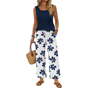 image:imageWIHOLL Two Piece Sets for Women Summer Spring Outfits Tank Square Neck Sleeveless Travel Vacation Lounge Wide Leg Pants SetBlue Floral Print