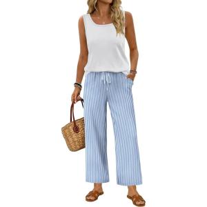 image:imageWIHOLL Two Piece Sets for Women Summer Spring Outfits Tank Square Neck Sleeveless Travel Vacation Lounge Wide Leg Pants SetBlue Vertical Stripes
