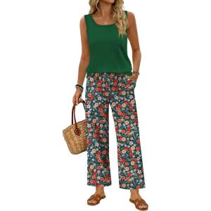 image:imageWIHOLL Two Piece Sets for Women Summer Spring Outfits Tank Square Neck Sleeveless Travel Vacation Lounge Wide Leg Pants SetFloral Print