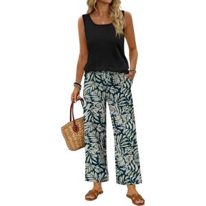 image:imageWIHOLL Two Piece Sets for Women Summer Spring Outfits Tank Square Neck Sleeveless Travel Vacation Lounge Wide Leg Pants SetLeaf Print