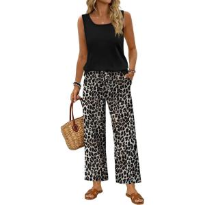 image:imageWIHOLL Two Piece Sets for Women Summer Spring Outfits Tank Square Neck Sleeveless Travel Vacation Lounge Wide Leg Pants SetLeopard Print