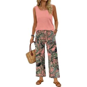 image:imageWIHOLL Two Piece Sets for Women Summer Spring Outfits Tank Square Neck Sleeveless Travel Vacation Lounge Wide Leg Pants SetPink Tropical Hawaii