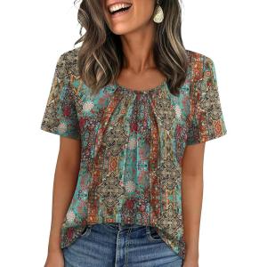 image:imageWIHOLL Women T Shirts Pleated Short Sleeve Tops Business Casual Dressy BlousesBoho Print 01