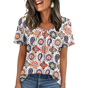 image:imageWIHOLL Women T Shirts Pleated Short Sleeve Tops Business Casual Dressy BlousesBoho Print 03