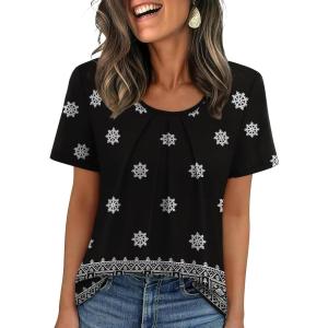 image:imageWIHOLL Women T Shirts Pleated Short Sleeve Tops Business Casual Dressy BlousesBoho Print 05