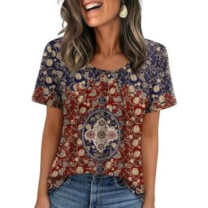 image:imageWIHOLL Women T Shirts Pleated Short Sleeve Tops Business Casual Dressy BlousesBoho Print 06