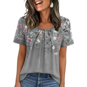 image:imageWIHOLL Women T Shirts Pleated Short Sleeve Tops Business Casual Dressy BlousesFloral Print 01