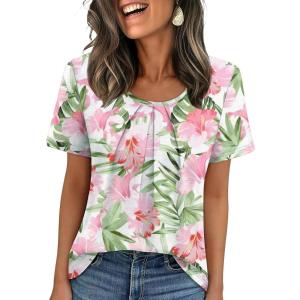 image:imageWIHOLL Women T Shirts Pleated Short Sleeve Tops Business Casual Dressy BlousesFloral Print 02