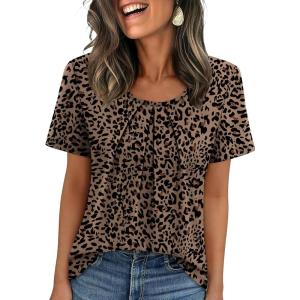 image:imageWIHOLL Women T Shirts Pleated Short Sleeve Tops Business Casual Dressy BlousesLeopard Print