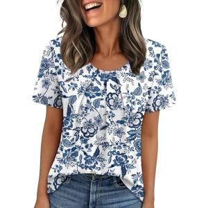 image:imageWIHOLL Women T Shirts Pleated Short Sleeve Tops Business Casual Dressy BlousesPrint 02