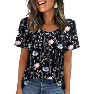 image:imageWIHOLL Women T Shirts Pleated Short Sleeve Tops Business Casual Dressy BlousesPrint 04