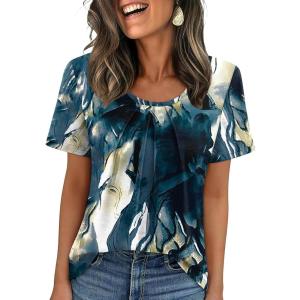 image:imageWIHOLL Women T Shirts Pleated Short Sleeve Tops Business Casual Dressy BlousesPrint 12