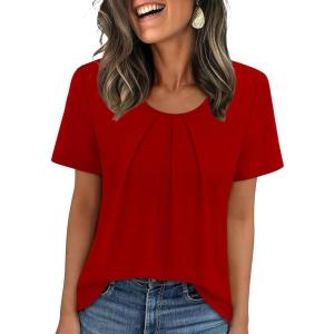 image:imageWIHOLL Women T Shirts Pleated Short Sleeve Tops Business Casual Dressy BlousesRed