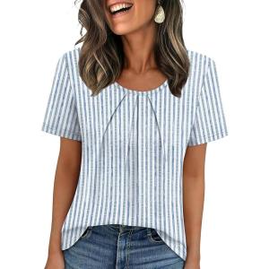 image:imageWIHOLL Women T Shirts Pleated Short Sleeve Tops Business Casual Dressy BlousesStriped Print 02