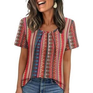 image:imageWIHOLL Women T Shirts Pleated Short Sleeve Tops Business Casual Dressy BlousesStriped Print 03