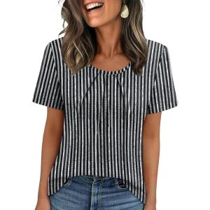 image:imageWIHOLL Women T Shirts Pleated Short Sleeve Tops Business Casual Dressy BlousesStriped Print 04