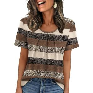 image:imageWIHOLL Women T Shirts Pleated Short Sleeve Tops Business Casual Dressy BlousesStriped Print
