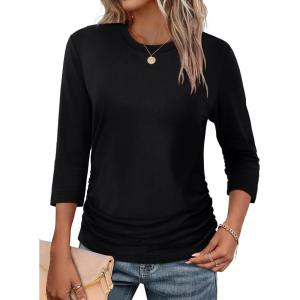 image:imageWIHOLL Womens 34 Length Sleeve Tops Crewneck Ruched Summer Shirts 2026 Business Casual Outfits Blouses Spring Clothes01  Black