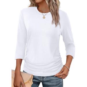 image:imageWIHOLL Womens 34 Length Sleeve Tops Crewneck Ruched Summer Shirts 2026 Business Casual Outfits Blouses Spring Clothes02  White