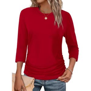 image:imageWIHOLL Womens 34 Length Sleeve Tops Crewneck Ruched Summer Shirts 2026 Business Casual Outfits Blouses Spring Clothes03  Red