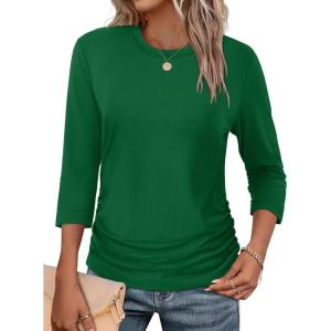 image:imageWIHOLL Womens 34 Length Sleeve Tops Crewneck Ruched Summer Shirts 2026 Business Casual Outfits Blouses Spring Clothes04  Green