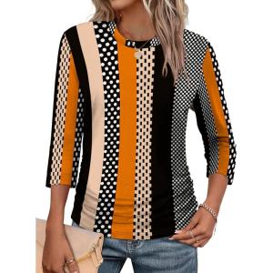 image:imageWIHOLL Womens 34 Length Sleeve Tops Crewneck Ruched Summer Shirts 2026 Business Casual Outfits Blouses Spring Clothes05  Floral Stripe