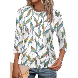 image:imageWIHOLL Womens 34 Length Sleeve Tops Crewneck Ruched Summer Shirts 2026 Business Casual Outfits Blouses Spring Clothes06  Floral Leaf