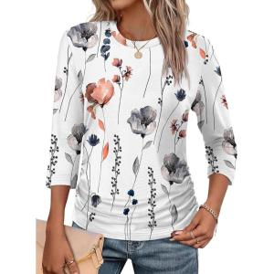 image:imageWIHOLL Womens 34 Length Sleeve Tops Crewneck Ruched Summer Shirts 2026 Business Casual Outfits Blouses Spring Clothes07  Floral White