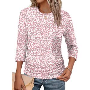 image:imageWIHOLL Womens 34 Length Sleeve Tops Crewneck Ruched Summer Shirts 2026 Business Casual Outfits Blouses Spring Clothes09  Pink Leopard