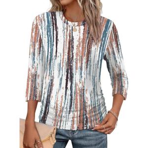 image:imageWIHOLL Womens 34 Length Sleeve Tops Crewneck Ruched Summer Shirts 2026 Business Casual Outfits Blouses Spring Clothes10  Tie Dye White
