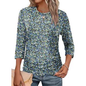 image:imageWIHOLL Womens 34 Length Sleeve Tops Crewneck Ruched Summer Shirts 2026 Business Casual Outfits Blouses Spring Clothes12  Floral Blue