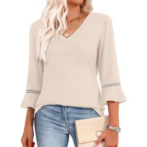 image:imageWIHOLL Womens Blouses Dressy Casual 34 Length Sleeve Tops Lace Trendy 2026 Spring Summer V Neck Shirts Vacation OutfitsBeige