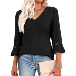 image:imageWIHOLL Womens Blouses Dressy Casual 34 Length Sleeve Tops Lace Trendy 2026 Spring Summer V Neck Shirts Vacation OutfitsBlack