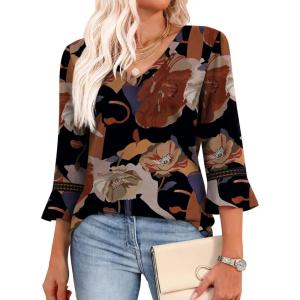 image:imageWIHOLL Womens Blouses Dressy Casual 34 Length Sleeve Tops Lace Trendy 2026 Spring Summer V Neck Shirts Vacation OutfitsFloral Print