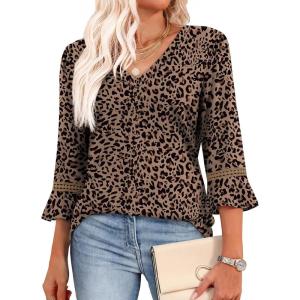 image:imageWIHOLL Womens Blouses Dressy Casual 34 Length Sleeve Tops Lace Trendy 2026 Spring Summer V Neck Shirts Vacation OutfitsLeopard Print